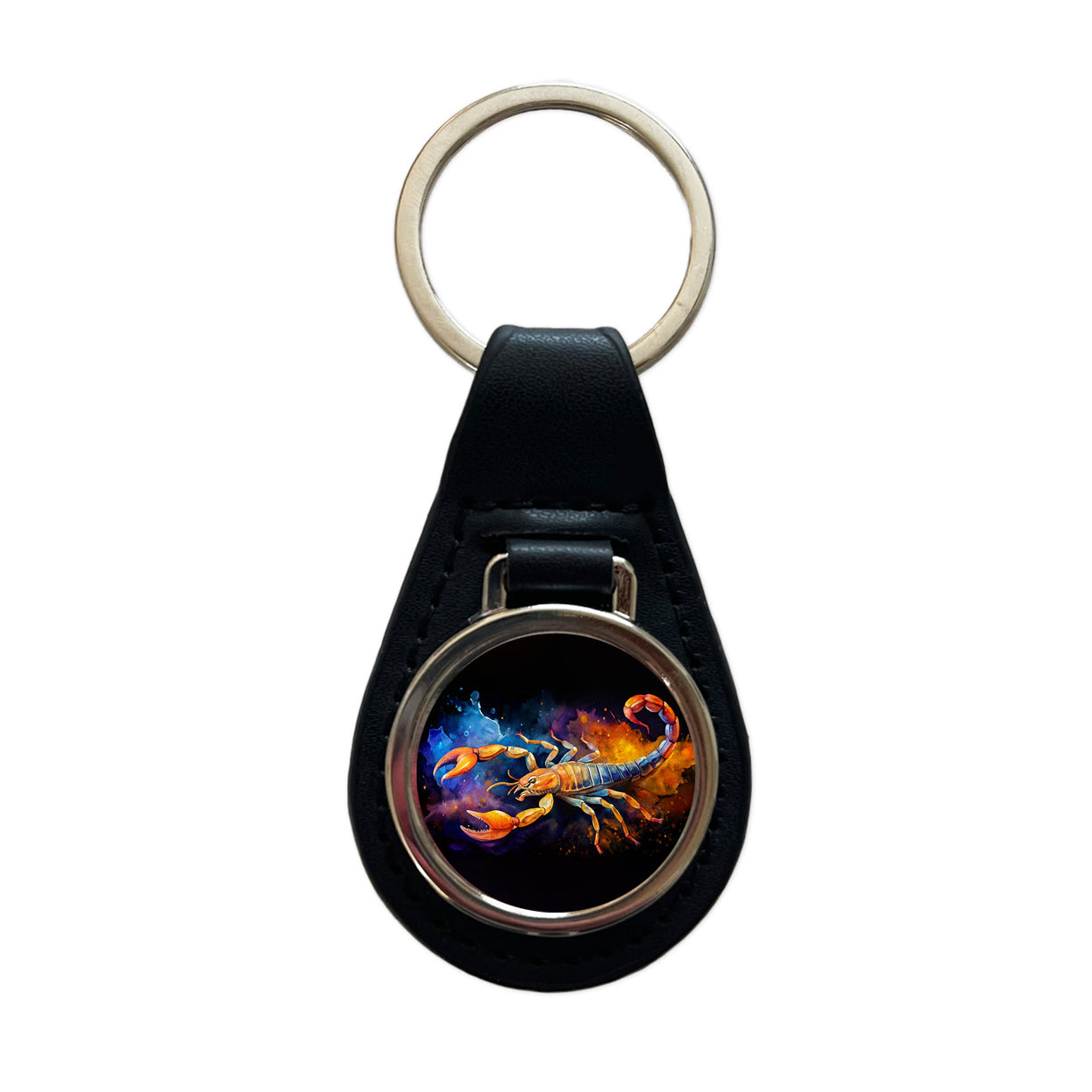 Scorpion Watercolor Black Background Black Leather Metal Keychain