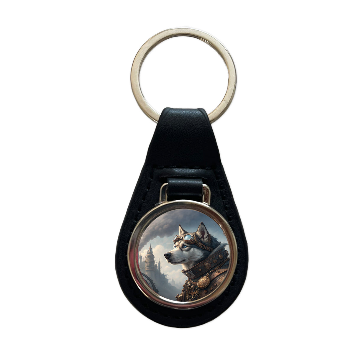 Siberian Husky Dog Steampunk Black Leather Metal Keychain