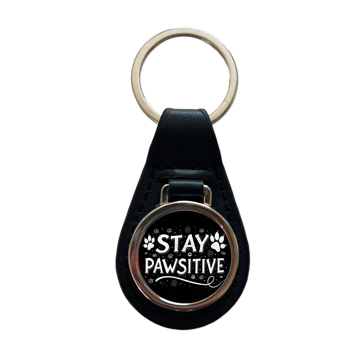 Stay Pawsitive Positive Black White Paw Prints Black Leather Metal Keychain