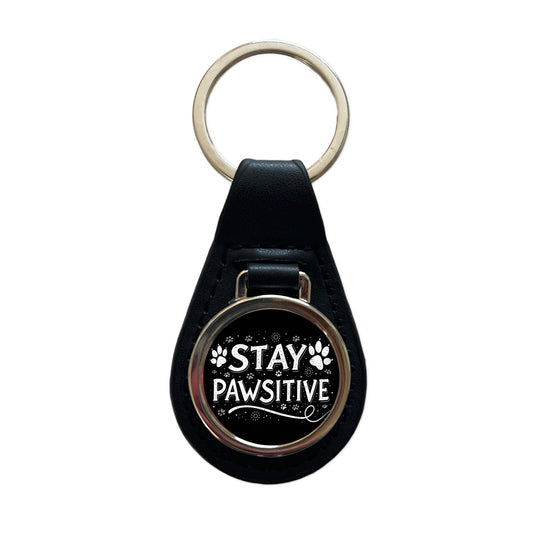 Stay Pawsitive Positive Black White Paw Prints Black Leather Metal Keychain