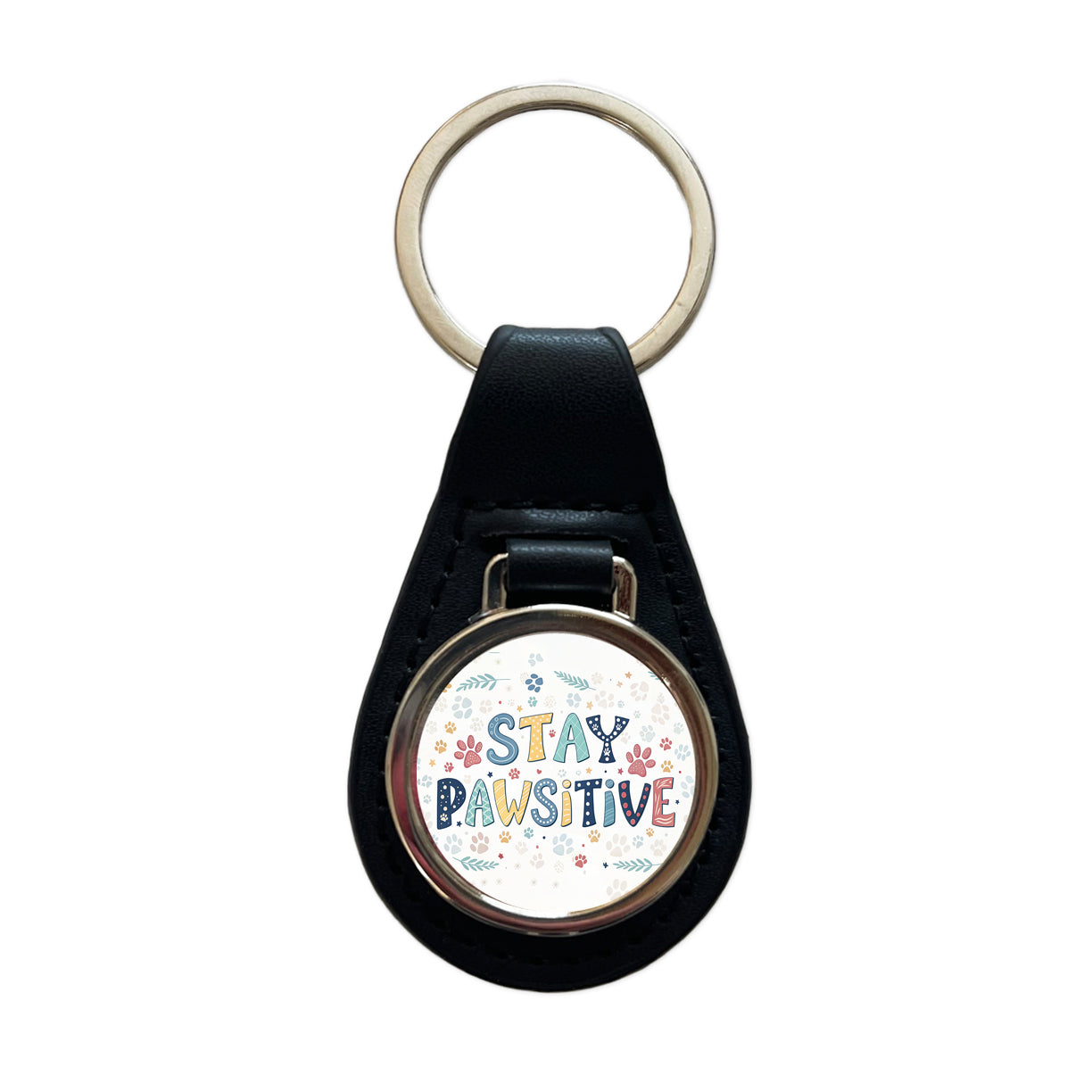 Stay Pawsitive Positive Cute Colorful Black Leather Metal Keychain