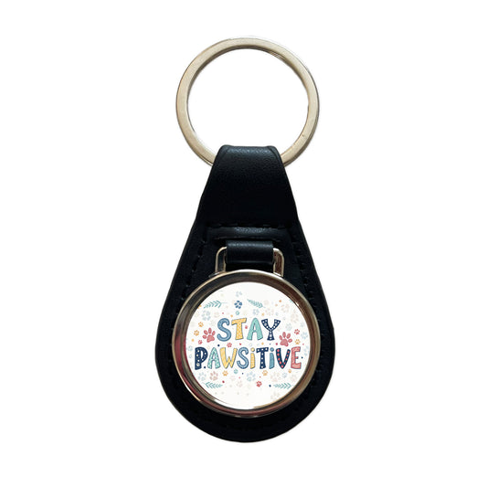 Stay Pawsitive Positive Cute Colorful Black Leather Metal Keychain