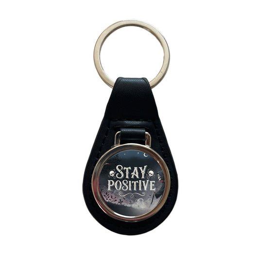 Stay Positive Funny Grim Reaper Death Cartoon Black Leather Metal Keychain