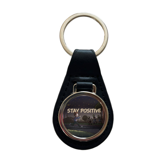 Stay Positive Funny Zombie Cartoon Black Leather Metal Keychain