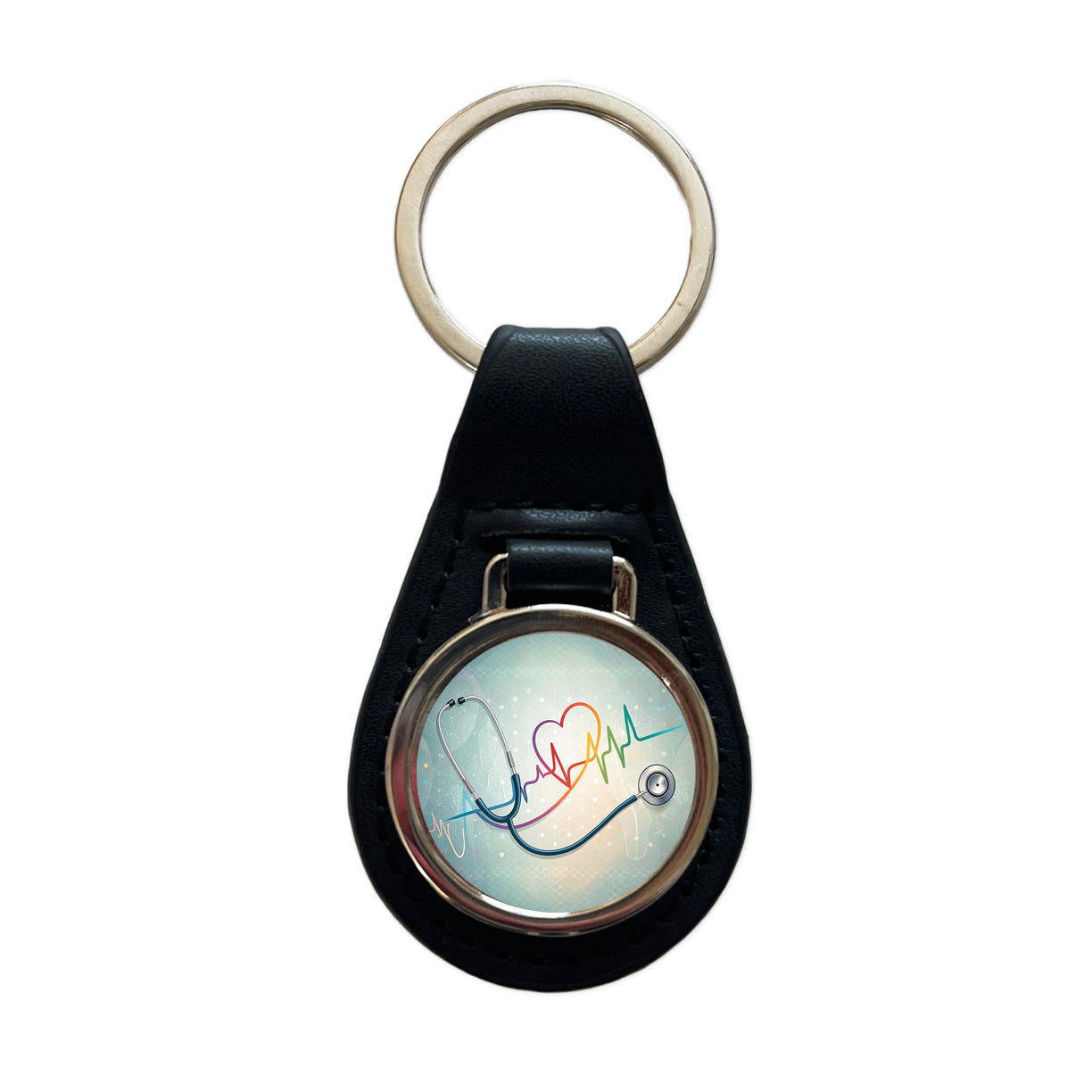 Stethoscope Heartbeat Medical Doctor Nurse EMT Black Leather Metal Keychain