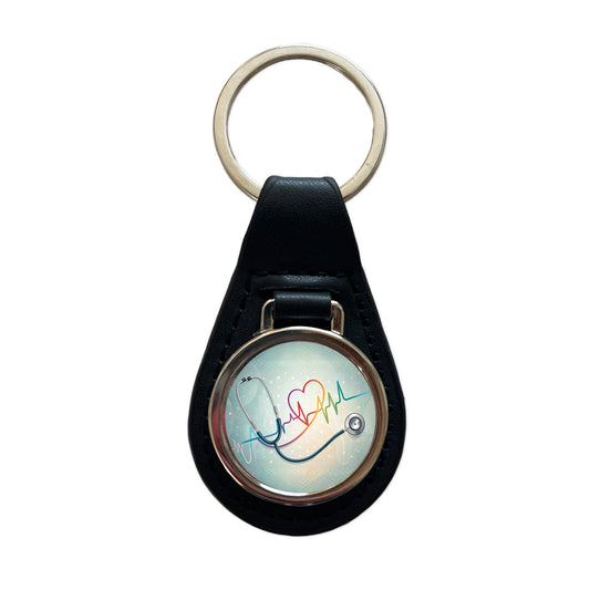 Stethoscope Heartbeat Medical Doctor Nurse EMT Black Leather Metal Keychain