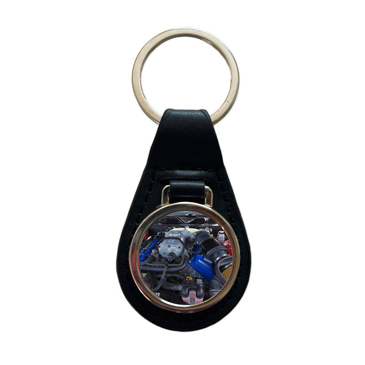Supercharged V8 Engine Red Sports Muscle Car Black Leather Metal Keychain
