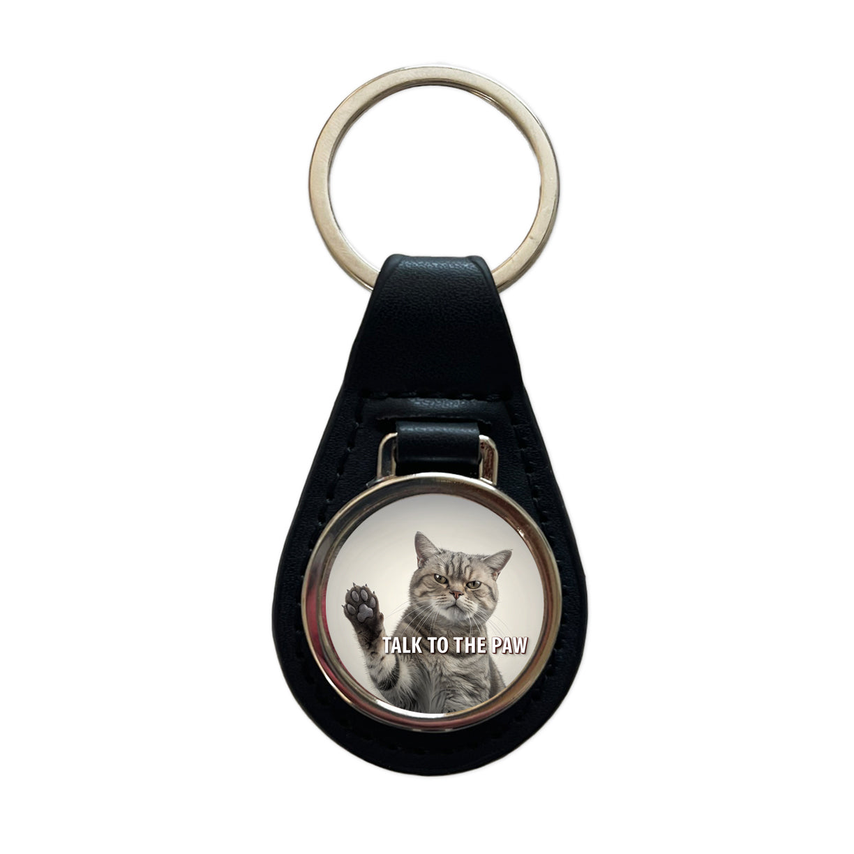 Talk To The Paw Funny Saying Cat Black Leather Metal Keychain