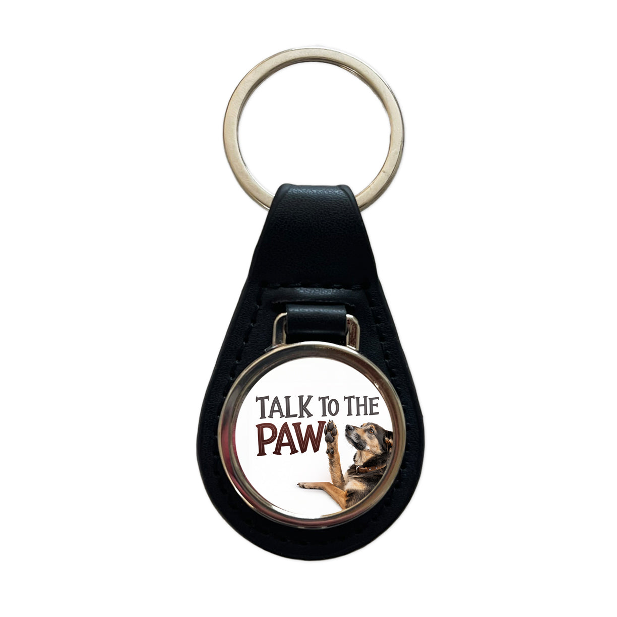 Talk To The Paw Funny Saying Dog Black Leather Metal Keychain