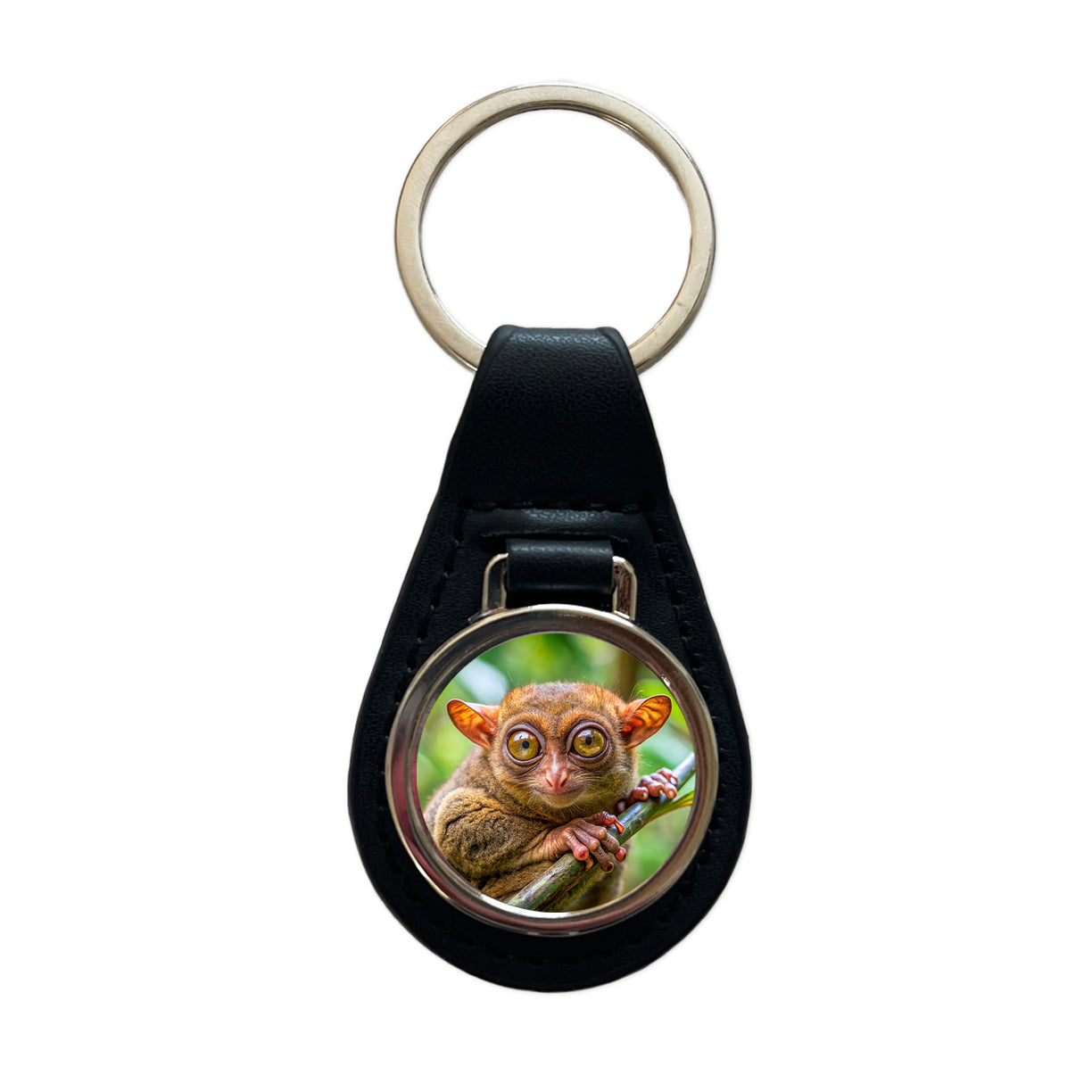 Tarsier Photograph Black Leather Metal Keychain