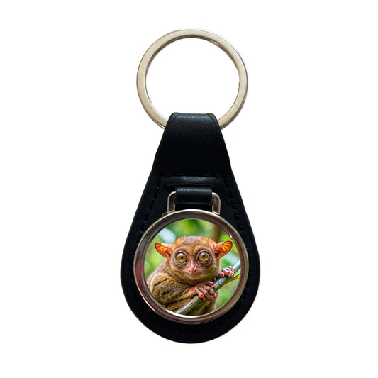 Tarsier Photograph Black Leather Metal Keychain