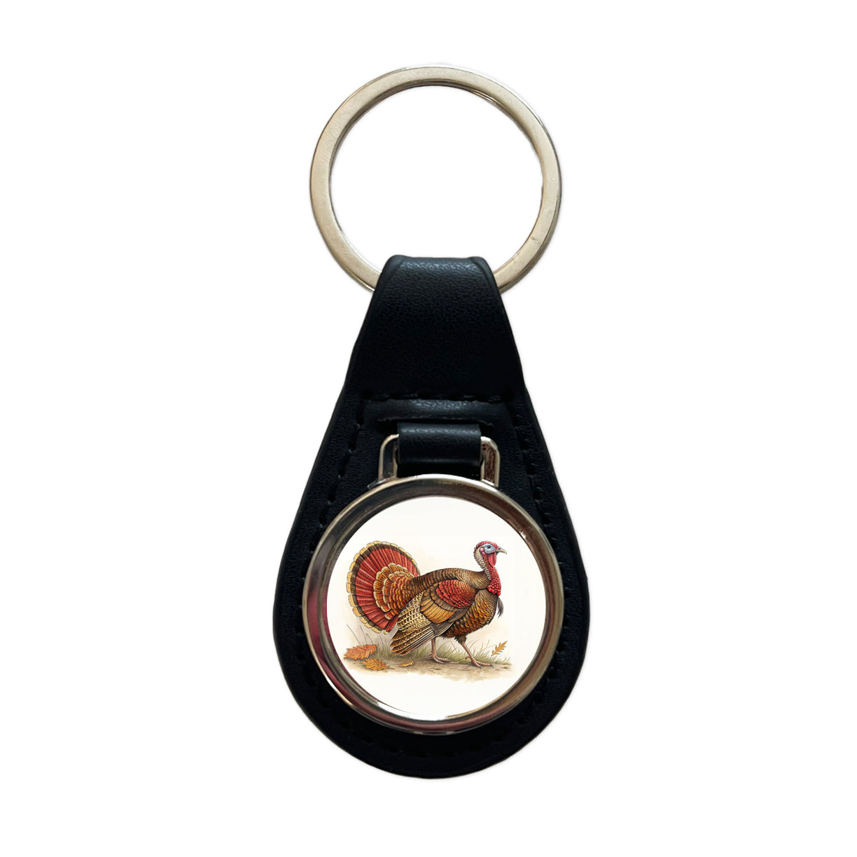 Tom Gobbler Male Turkey Illustration Black Leather Metal Keychain
