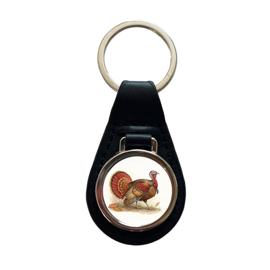 Tom Gobbler Male Turkey Illustration Black Leather Metal Keychain