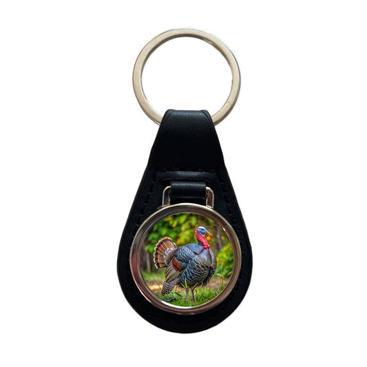 Tom Gobbler Male Turkey Photograph Black Leather Metal Keychain