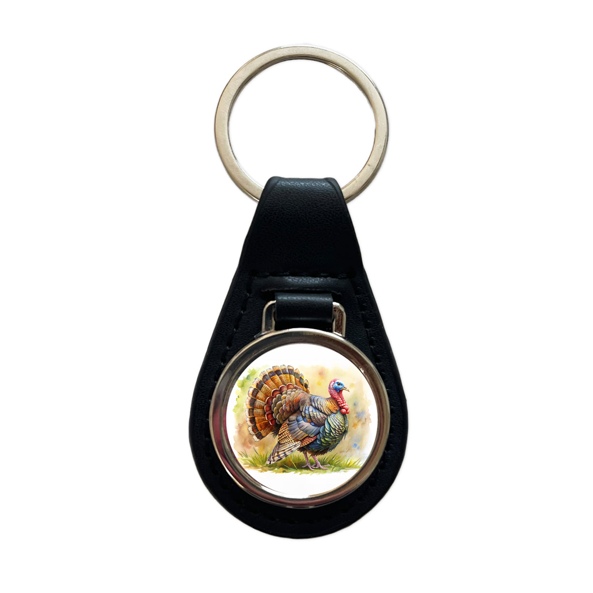 Tom Gobbler Male Turkey Watercolor Black Leather Metal Keychain