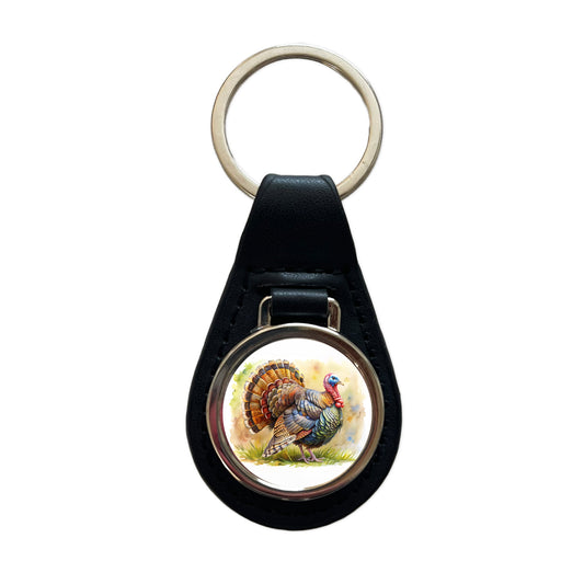 Tom Gobbler Male Turkey Watercolor Black Leather Metal Keychain