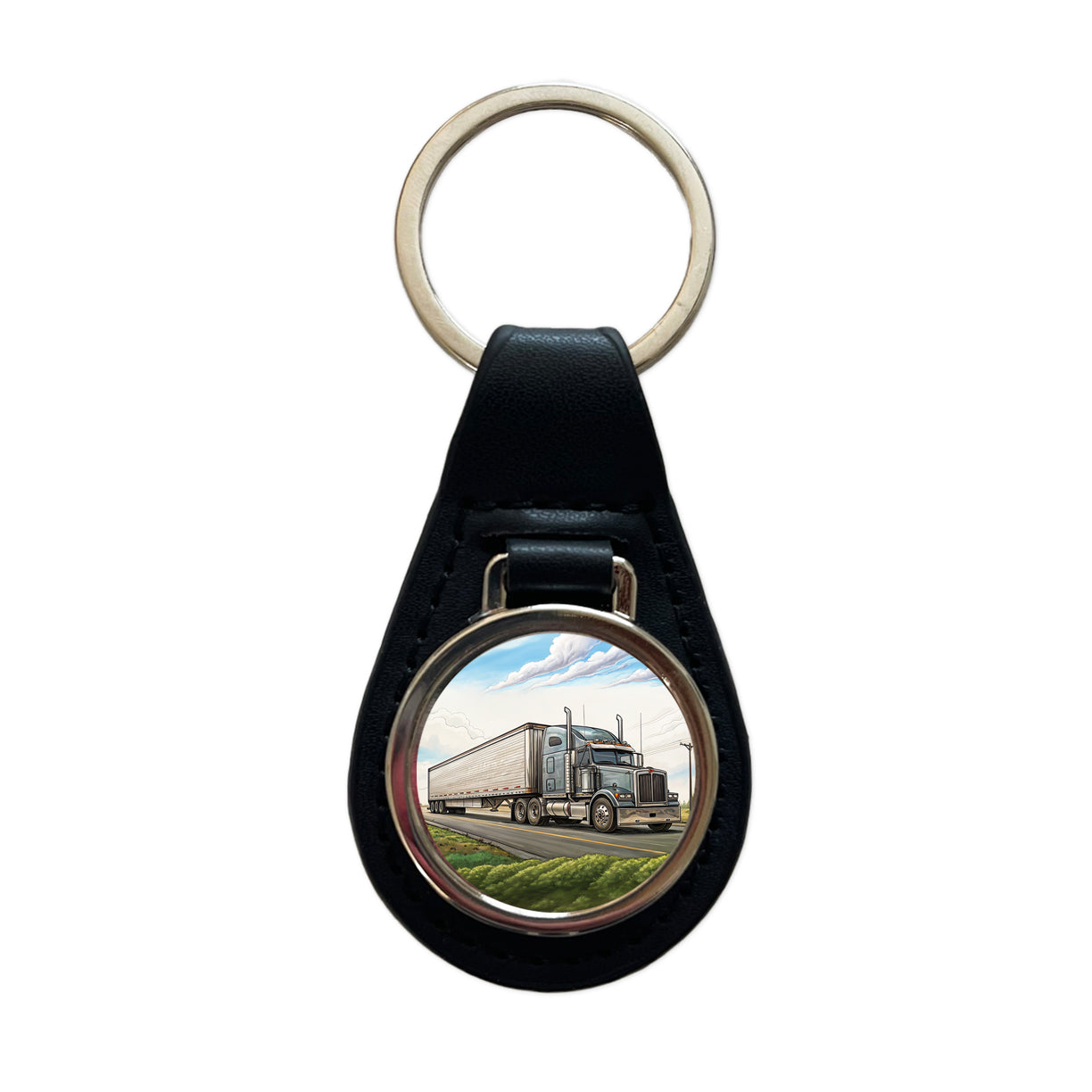 Tractor Trailer Semi Big Rig Truck Black Leather Metal Keychain