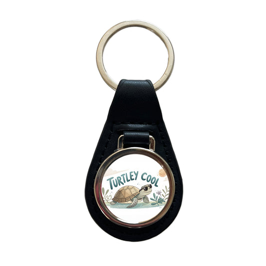 Turtley Cool Turtle Wearing Sunglasses Totally Black Leather Metal Keychain