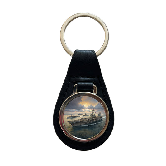 US Navy Carrier Strike Group At Sea Illustration Black Leather Metal Keychain