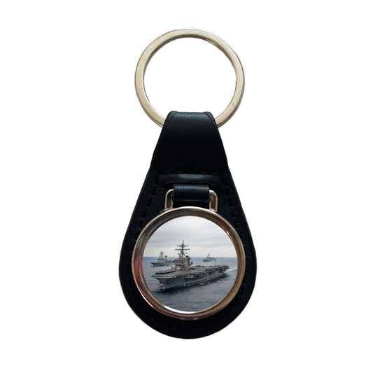 US Navy Carrier Strike Group Escorts At Sea Black Leather Metal Keychain