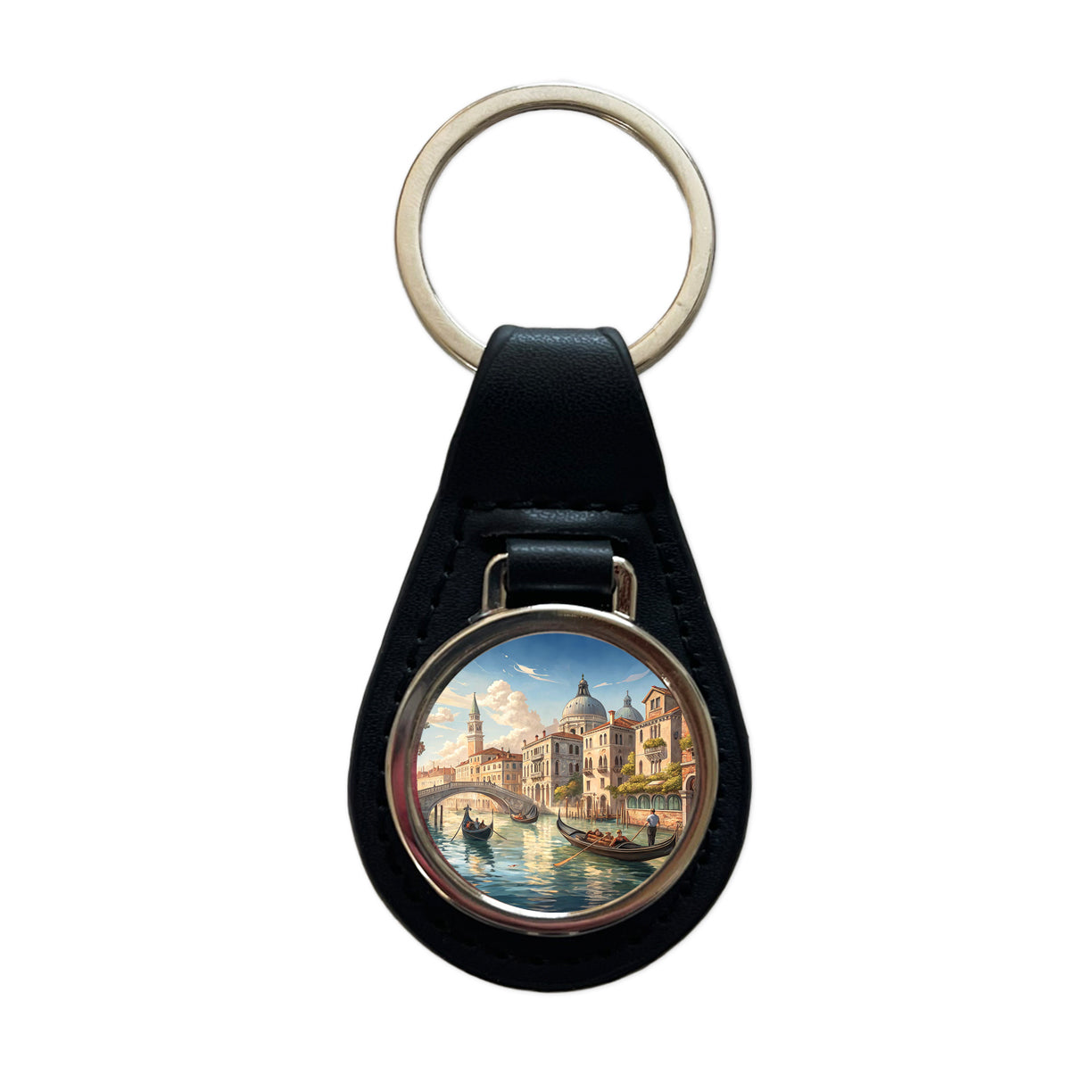 Venice Italy Canal Gondolas Black Leather Metal Keychain