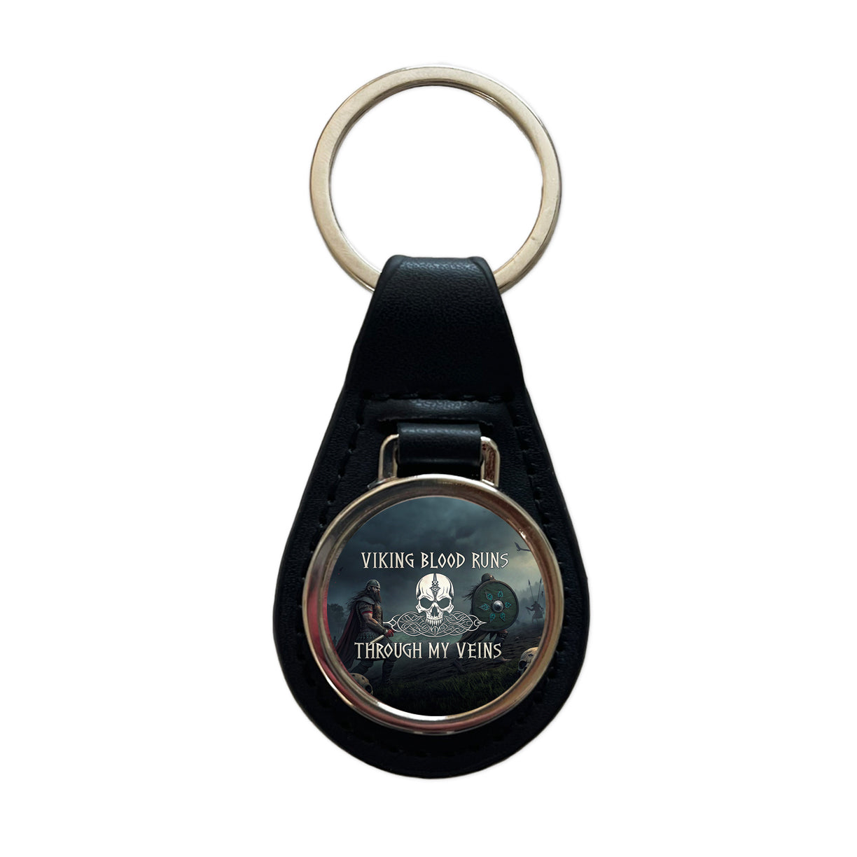 Viking Blood Runs Through My Veins Norse Scandinavian Black Leather Metal Keychain