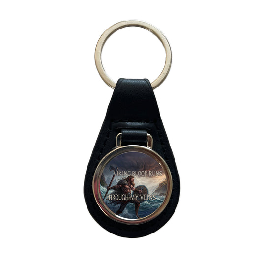Viking Blood Runs Through My Veins Scandinavian Norse Warrior Black Leather Metal Keychain