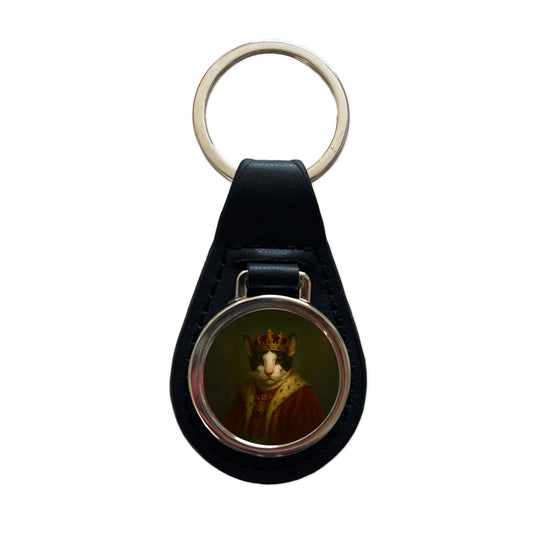 Vintage Cat King Fantasy Painting Black Leather Metal Keychain