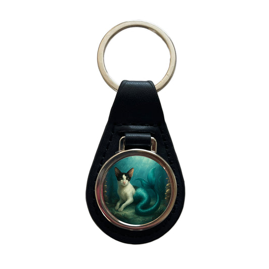 Vintage Oriental Shorthair Cat Mermaid Fantasy Painting Black Leather Metal Keychain