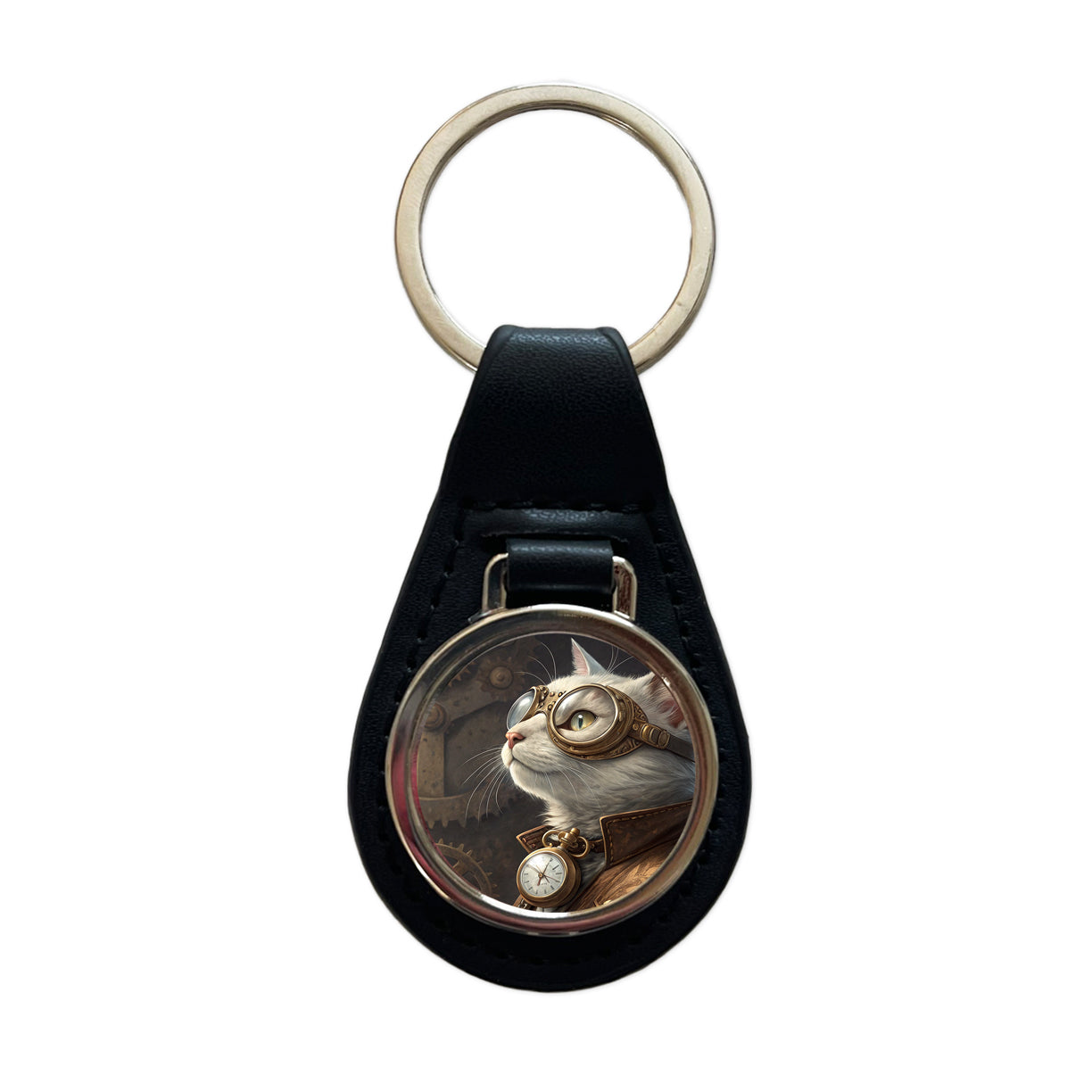 White Cat Steampunk Black Leather Metal Keychain