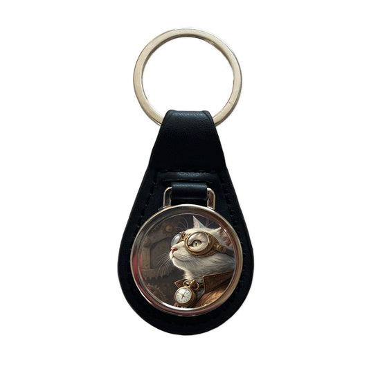 White Cat Steampunk Black Leather Metal Keychain