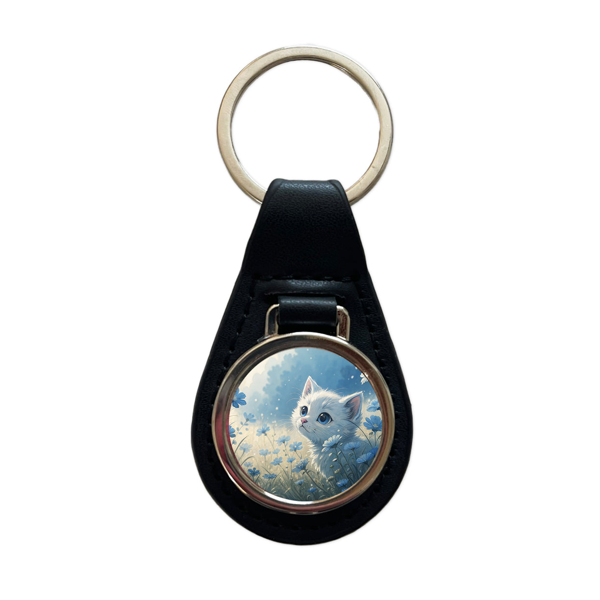 White Kitten in Field Of Blue Flowers Anime Style Black Leather Metal Keychain