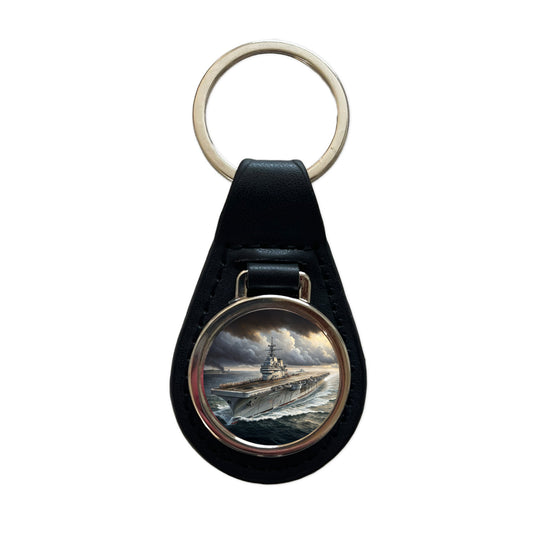 World War 2 WWII Navy Aircraft Carrier At Sea Black Leather Metal Keychain