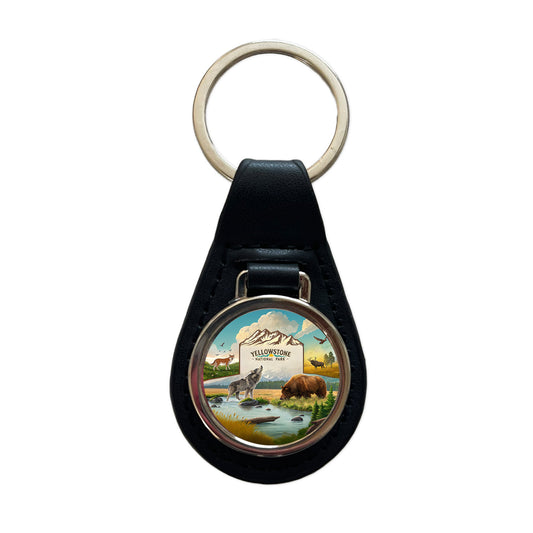 Yellowstone National Park Animals Black Leather Metal Keychain
