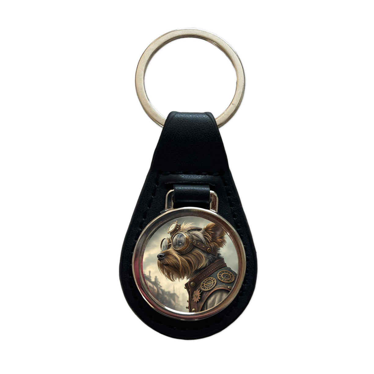 Yorkshire Terrier Yorkie Dog Steampunk Black Leather Metal Keychain