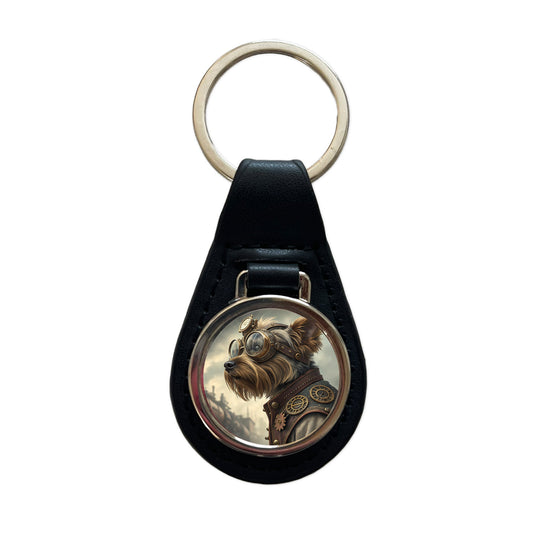 Yorkshire Terrier Yorkie Dog Steampunk Black Leather Metal Keychain