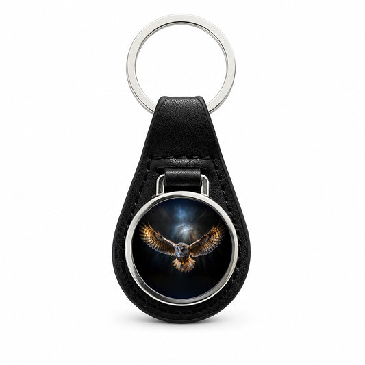 Barn Owl Flying At Night In The Dark Black Leather Metal Keychain