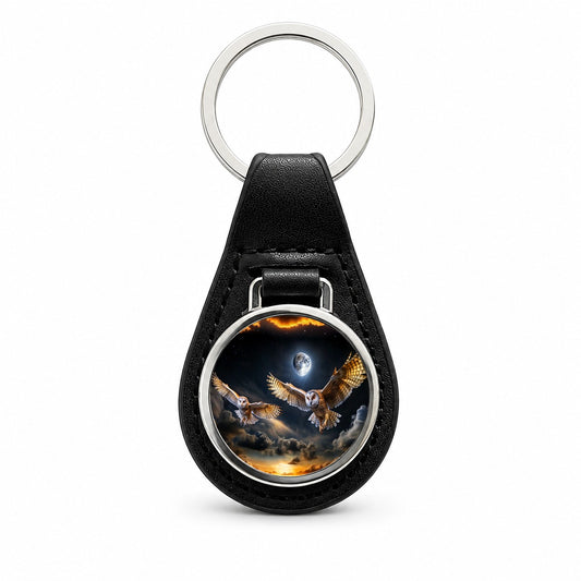Barn Owls Flying At Night Black Leather Metal Keychain