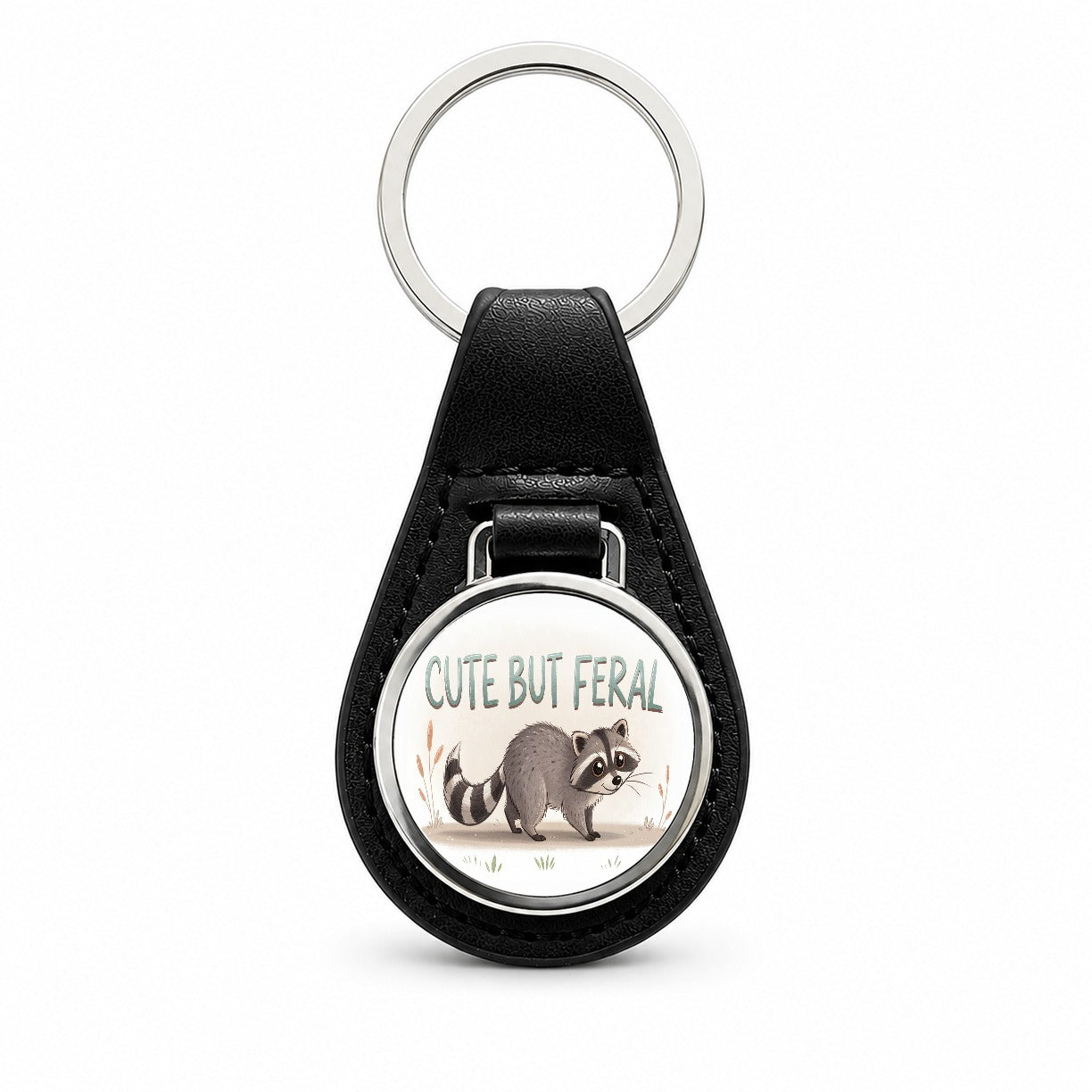 Cute But Feral Funny Raccoon Black Leather Metal Keychain