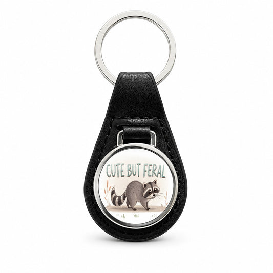 Cute But Feral Funny Raccoon Black Leather Metal Keychain
