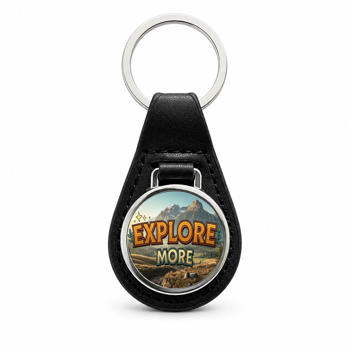 Explore More Hiking Camping Adventure Black Leather Metal Keychain