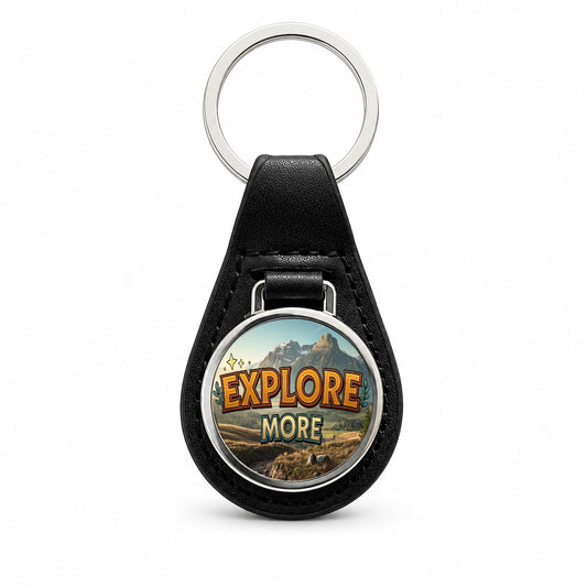 Explore More Hiking Camping Adventure Black Leather Metal Keychain