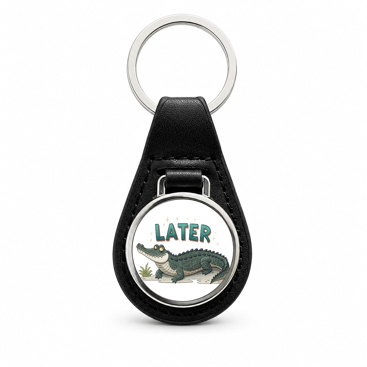 Later Alligator Funny Saying Black Leather Metal Keychain