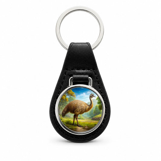 Moa Extinct Bird Illustration Black Leather Metal Keychain