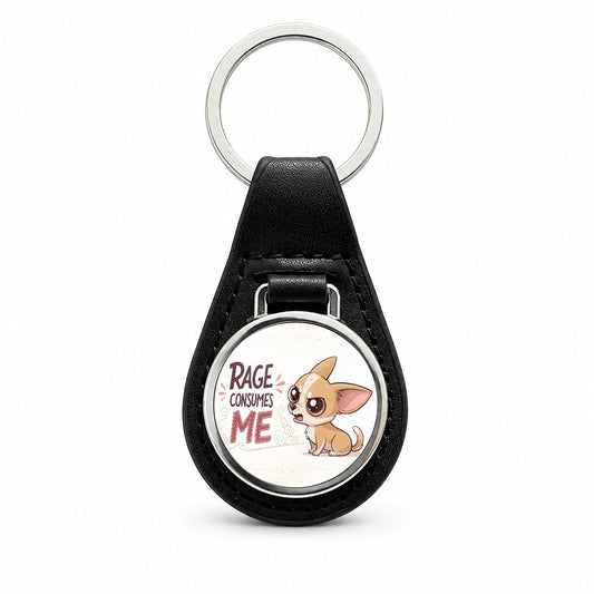 Rage Consumes Me Funny Cute Chihuahua Cartoon Black Leather Metal Keychain