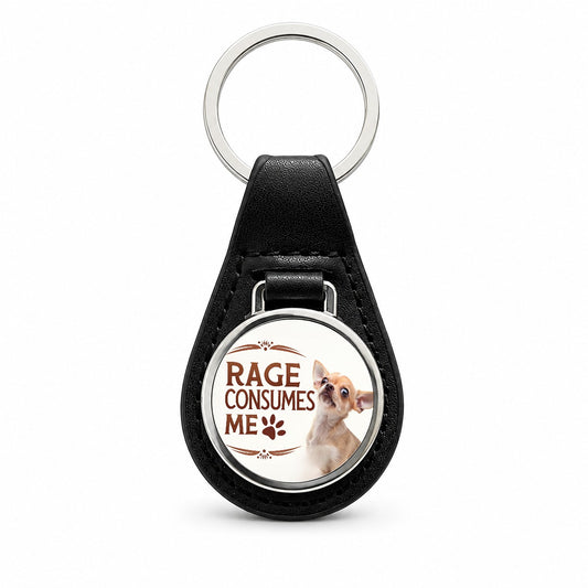 Rage Consumes Me Funny Cute Chihuahua Black Leather Metal Keychain