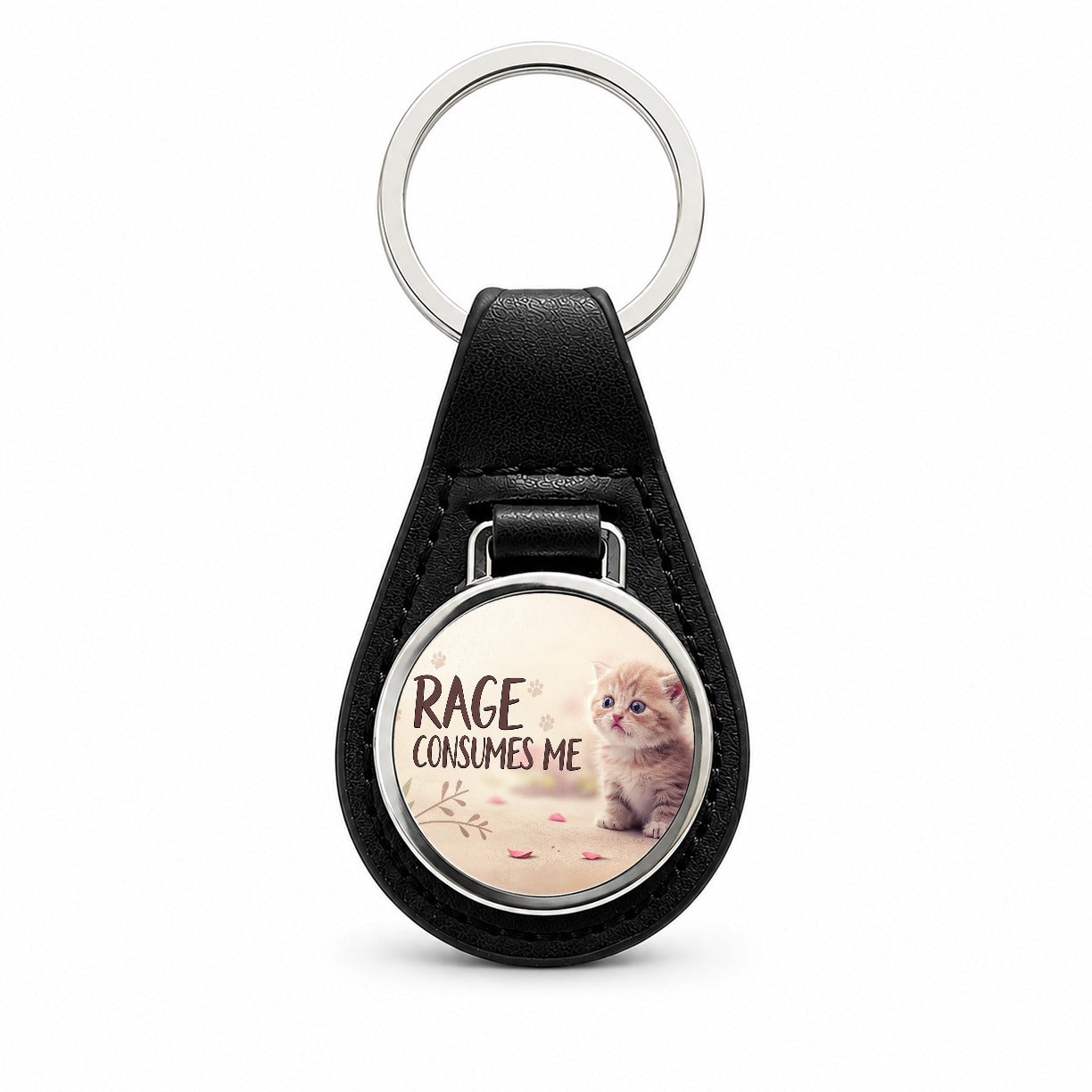 Rage Consumes Me Funny Cute Kitten Black Leather Metal Keychain
