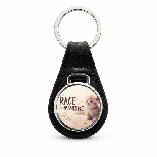 Rage Consumes Me Funny Cute Kitten Black Leather Metal Keychain