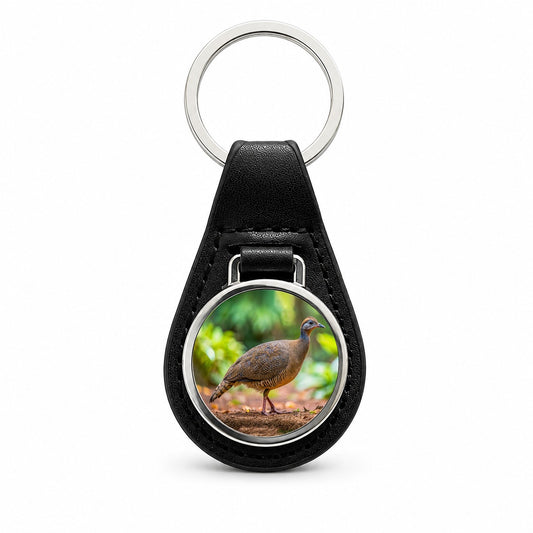 Tinamou Bird Photo Black Leather Metal Keychain