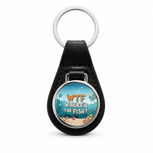 Wtf Where's The Fish Funny Fishing Black Leather Metal Keychain